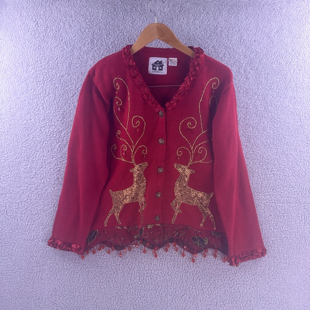 Storybook Knits Red Reindeer Sequin Holiday Cardigan Sweater Beaded Hem Medium
